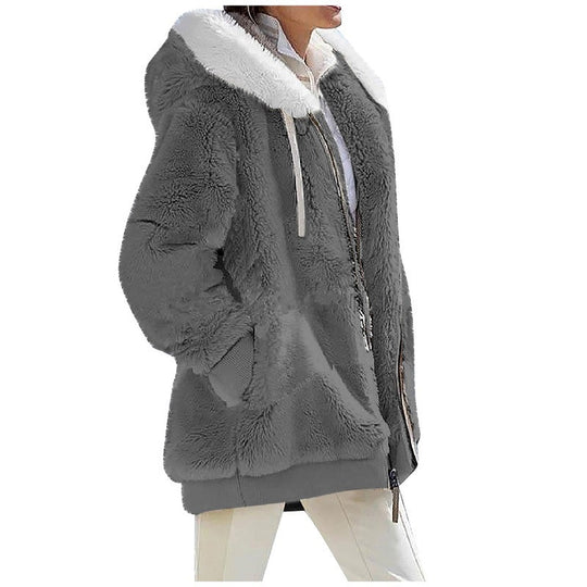 Damen Kuschelige Teddy-Kapuzenjacke mit Kontrastbesatz, Reißverschluss und Eingrifftaschen Nord Taschen