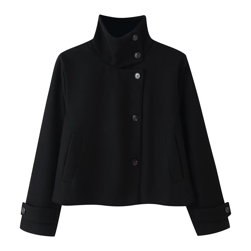 Damen kurze Boxy-Wolljacke mit Stehkragen und Manschetten Nord Taschen