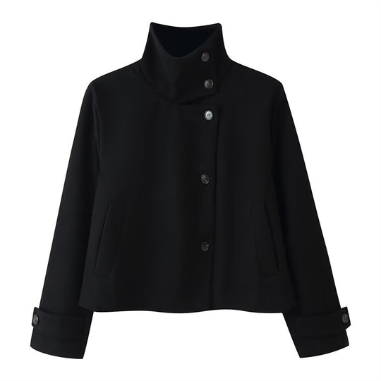 Damen kurze Boxy-Wolljacke mit Stehkragen und Manschetten Nord Taschen