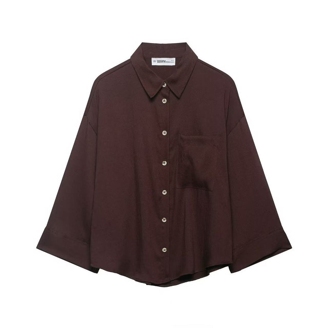 Damen Oversized Leinenoptik-Hemdbluse mit weiten Dreiviertelärmeln und Brusttasche Nord Taschen