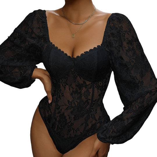 Damen Spitzen-Corsage mit Herzausschnitt, integrierten Cups und transparenten Puffärmeln Nord Taschen