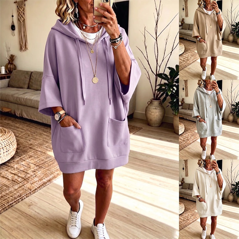 Damen Oversize Hoodie-Kleid mit Kängurutaschen und halblangen Ärmeln Nord Taschen