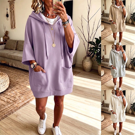 Damen Oversize Hoodie-Kleid mit Kängurutaschen und halblangen Ärmeln Nord Taschen