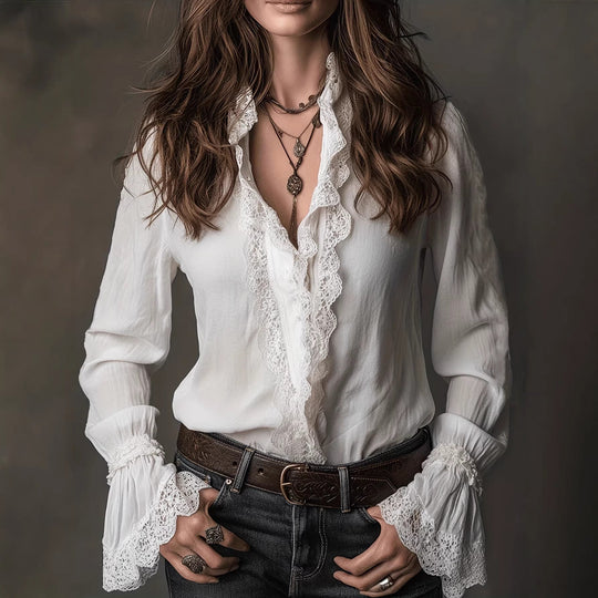Damen elegante Bluse mit Rüschendetails und Spitzenbesatz Avellé