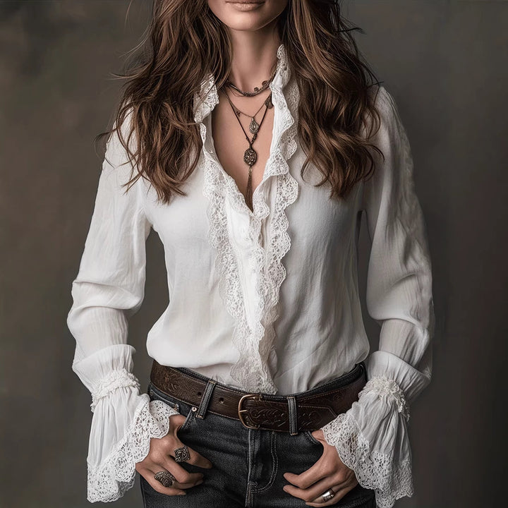 Damen elegante Bluse mit Rüschendetails und Spitzenbesatz