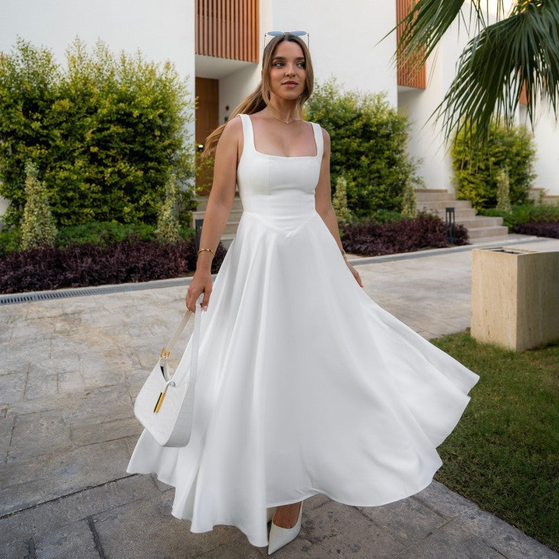 Damen Elegantes Maxikleid mit quadratischem Ausschnitt und fließendem Rock
