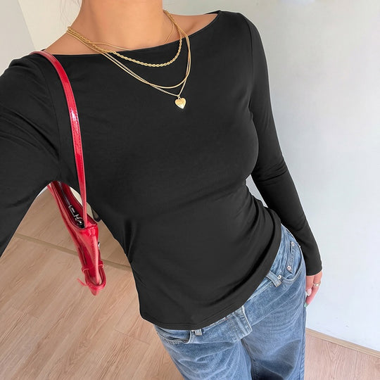 Damen Basic Langarmshirt mit Rundhalsausschnitt Nord Taschen