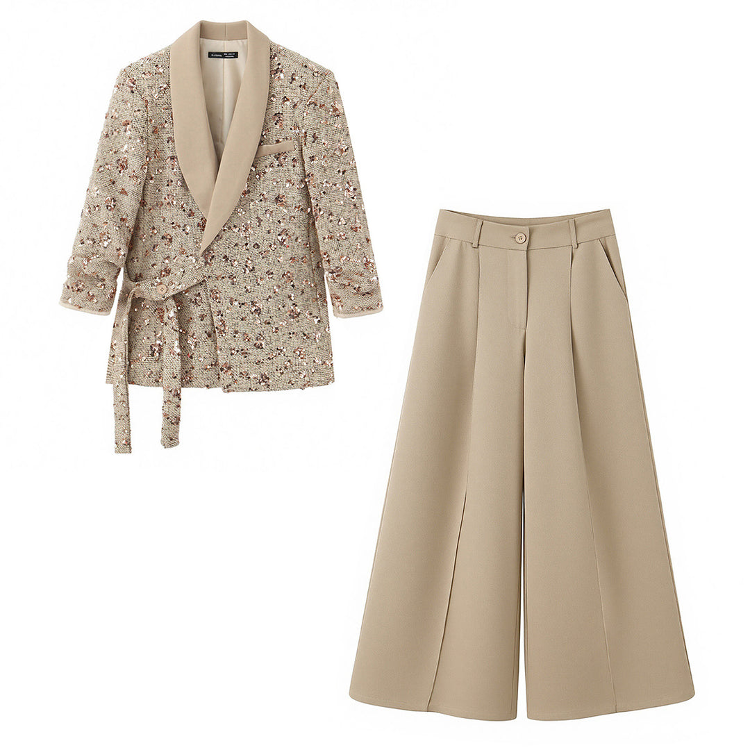 Damen Zweiteiliges Bouclé‑Wickelblazer und High‑Waist Palazzo‑Hosen Set Nord Taschen