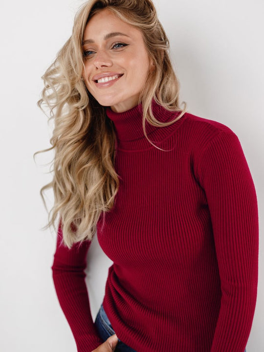 Damen Figurbetonter Rippstrick-Rollkragenpullover Nord Taschen
