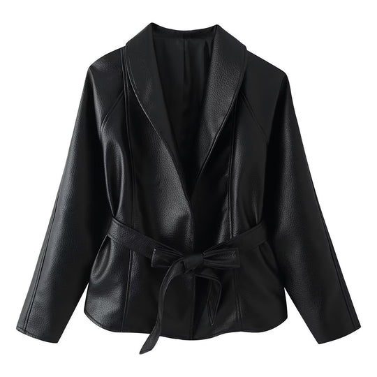Damen Taillierter Bindegürtel-Lederblazer mit Schalkragen Nord Taschen