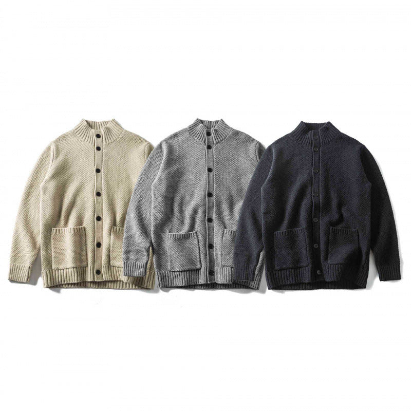 Unisex Strukturierter Button-Cardigan mit Stehkragen und aufgesetzten Taschen Nord Taschen