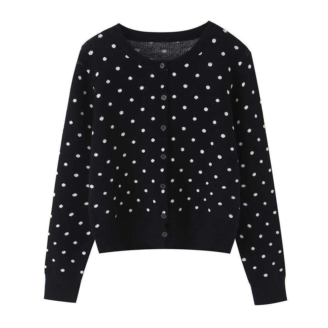 Damen Kurz geschnittene fein gestrickte Cardigan mit Rundhalsausschnitt, Knopfleiste und Allover‑Punktmuster Nord Taschen