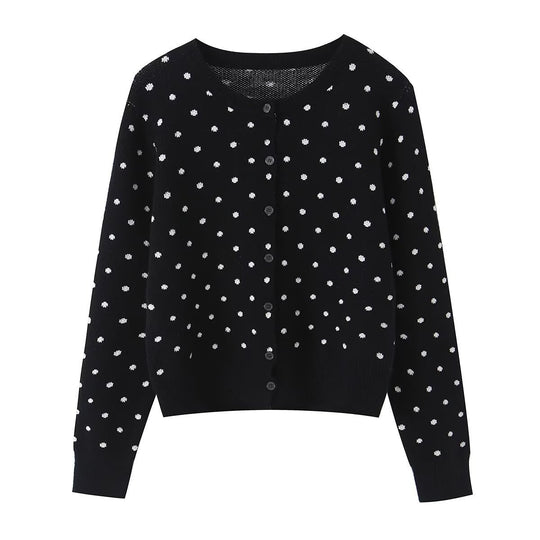 Damen Kurz geschnittene fein gestrickte Cardigan mit Rundhalsausschnitt, Knopfleiste und Allover‑Punktmuster Nord Taschen