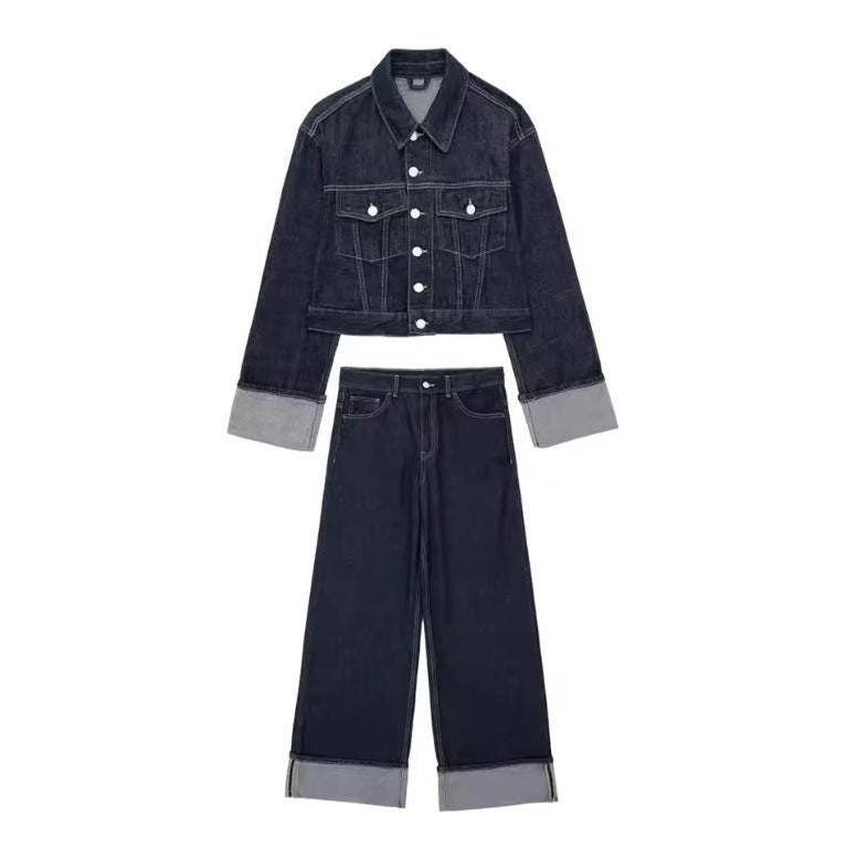 Damen 1700+ Cropped Jeansjacke mit überlangen Umschlagmanschetten und kastiger Silhouette Nord Taschen