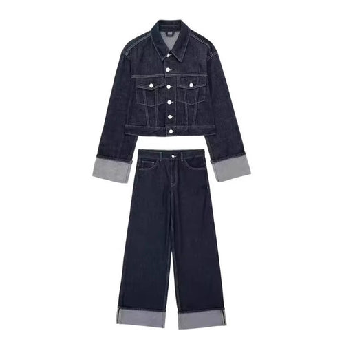 Damen 1700+ Cropped Jeansjacke mit überlangen Umschlagmanschetten und kastiger Silhouette Nord Taschen