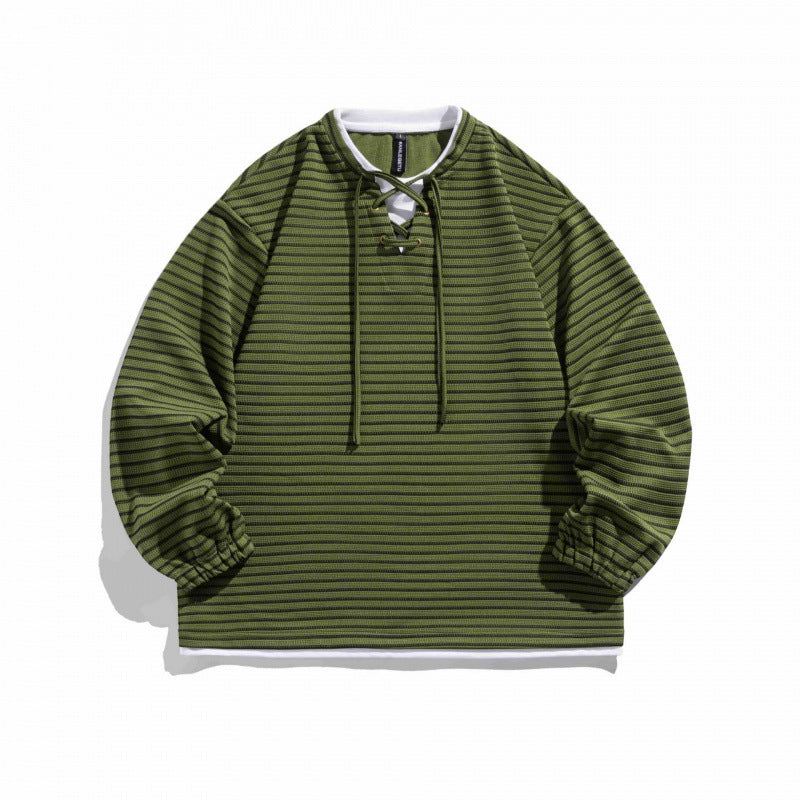 Unisex Gestreifter Oversize-Pullover mit Schnürkragen und Strukturstrick Nord Taschen