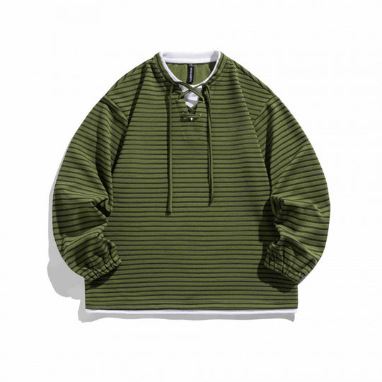 Unisex Gestreifter Oversize-Pullover mit Schnürkragen und Strukturstrick Nord Taschen