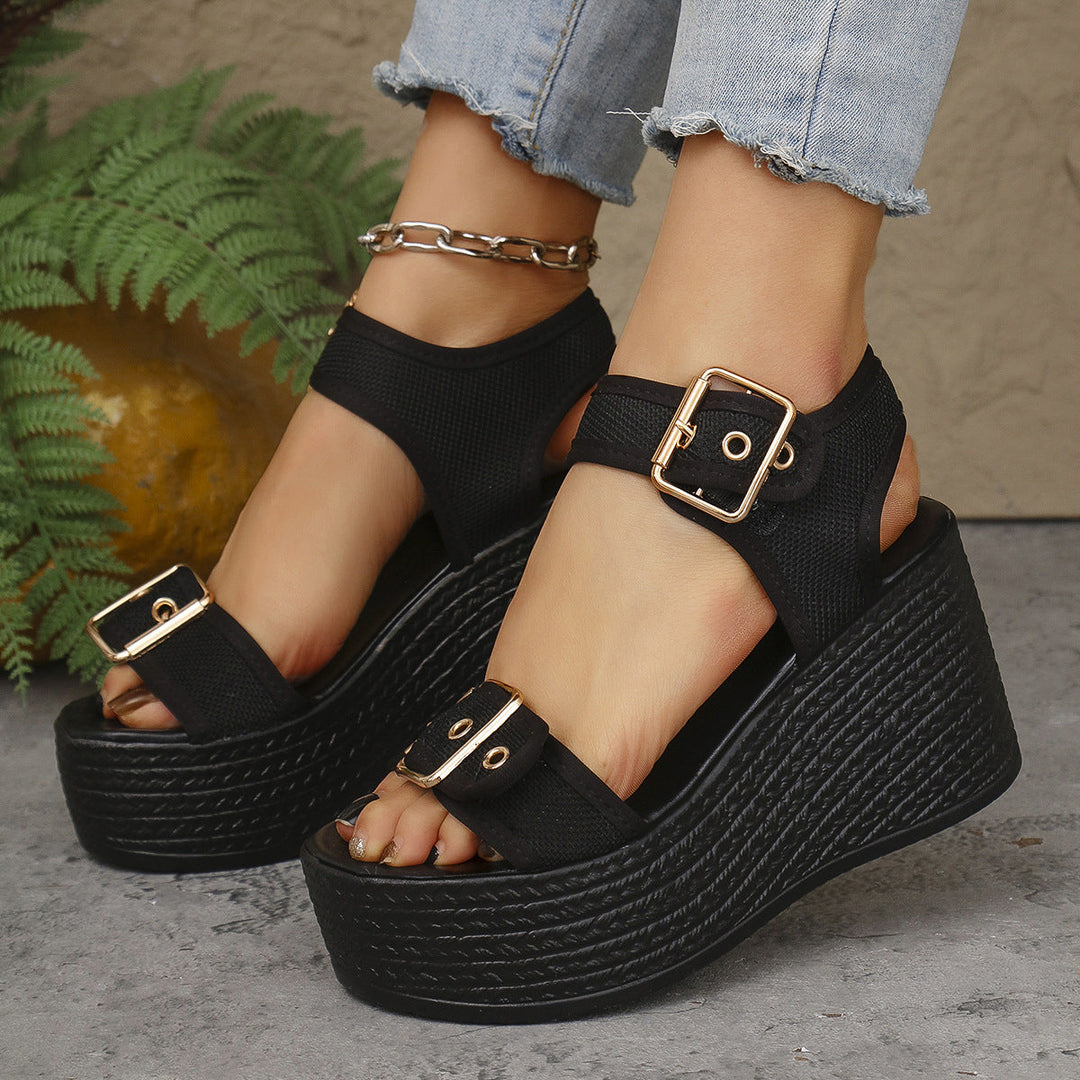 Damen Keil-Sandalen mit verstellbarem Riemen und exquisitem Bast-Design