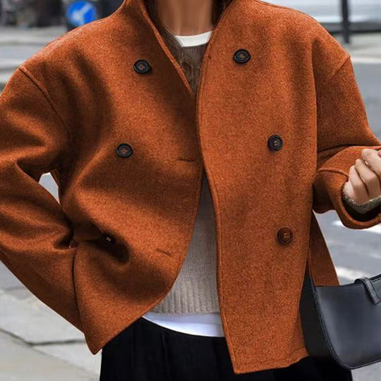 Damen modische Wolljacke mit doppelter Knopfleiste und hohen Kragen