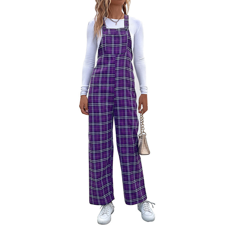Damen Lässiger Karierter Jumpsuit mit breitem Bein und verstellbaren Trägern Nord Taschen