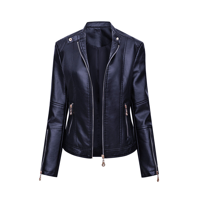 Damen Figurbetonte Kunstleder-Bikerjacke mit Stehkragen, taillierten Nähten und Reißverschlusstaschen Nord Taschen