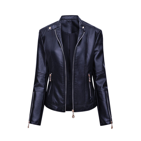 Damen Figurbetonte Kunstleder-Bikerjacke mit Stehkragen, taillierten Nähten und Reißverschlusstaschen Nord Taschen