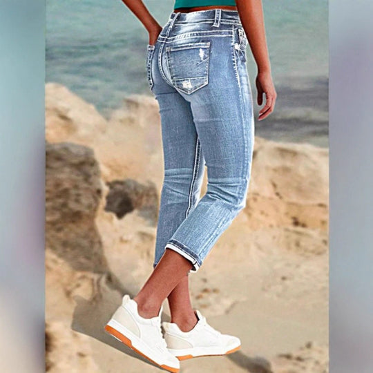 Damen Cropped-Jeans im Capri-Schnitt mit taillenhoher Passform und dezenter Used-Waschung Nord Taschen