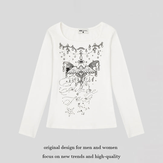 Damen Langarmshirt mit Rundhalsausschnitt, Strass-Print und Engelsmotiv Nord Taschen