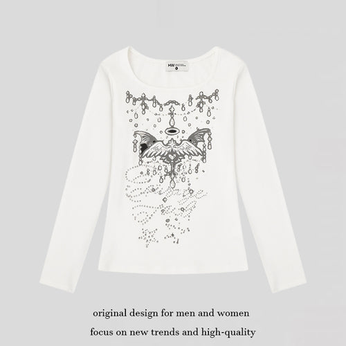 Damen Langarmshirt mit Rundhalsausschnitt, Strass-Print und Engelsmotiv Nord Taschen