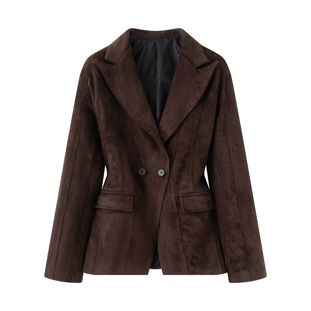 Damen Taillierter Blazer in Veloursoptik mit Doppelknopfverschluss und Wiener Nähten Nord Taschen