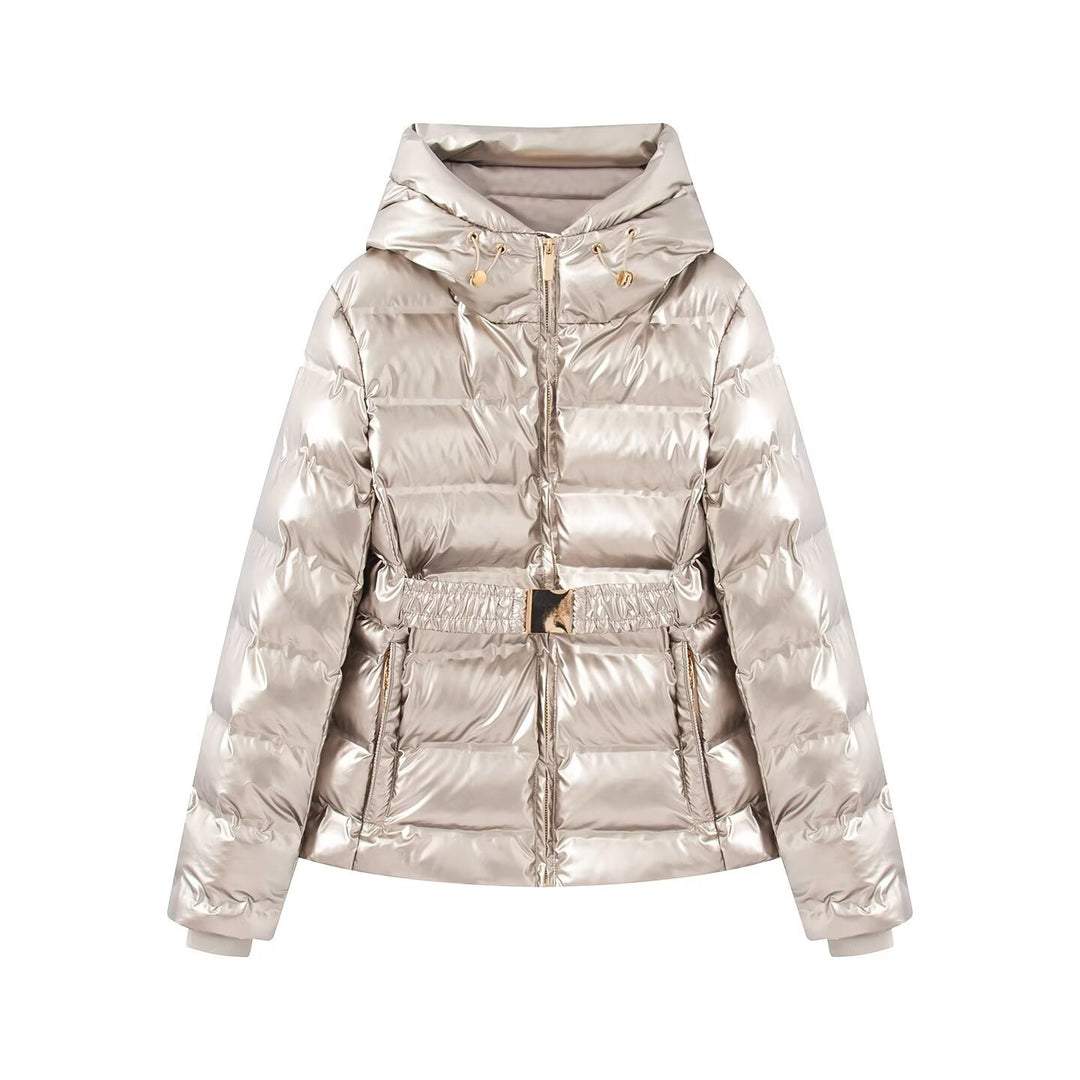 Damen Glänzende Daunenoptik-Steppjacke mit Kapuze und tailliertem Zugbandgürtel Nord Taschen