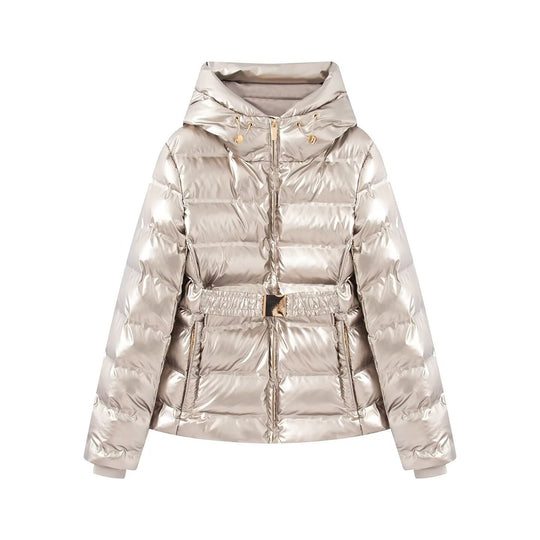 Damen Glänzende Daunenoptik-Steppjacke mit Kapuze und tailliertem Zugbandgürtel Nord Taschen