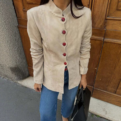 Damen Taillierter Wildleder-Blazer mit Stehkragen und Zierknöpfen Nord Taschen