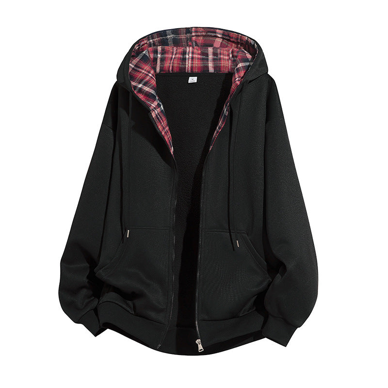 Herren Kapuzenjacke mit Teddy‑Fleece‑Futter und kariertem Kapuzeninnenfutter, durchgehendem Reißverschluss Nord Taschen
