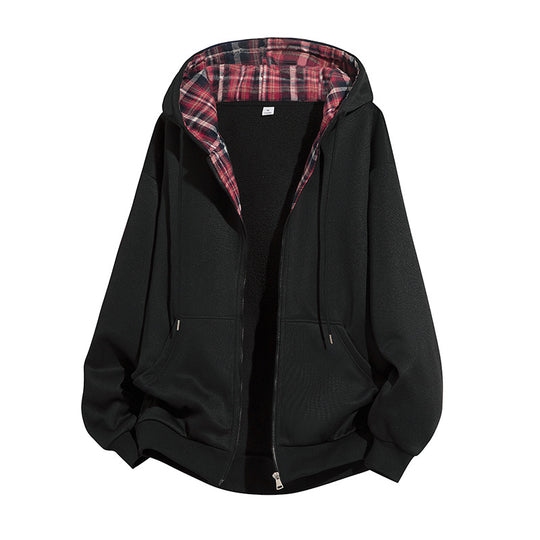 Herren Kapuzenjacke mit Teddy‑Fleece‑Futter und kariertem Kapuzeninnenfutter, durchgehendem Reißverschluss Nord Taschen