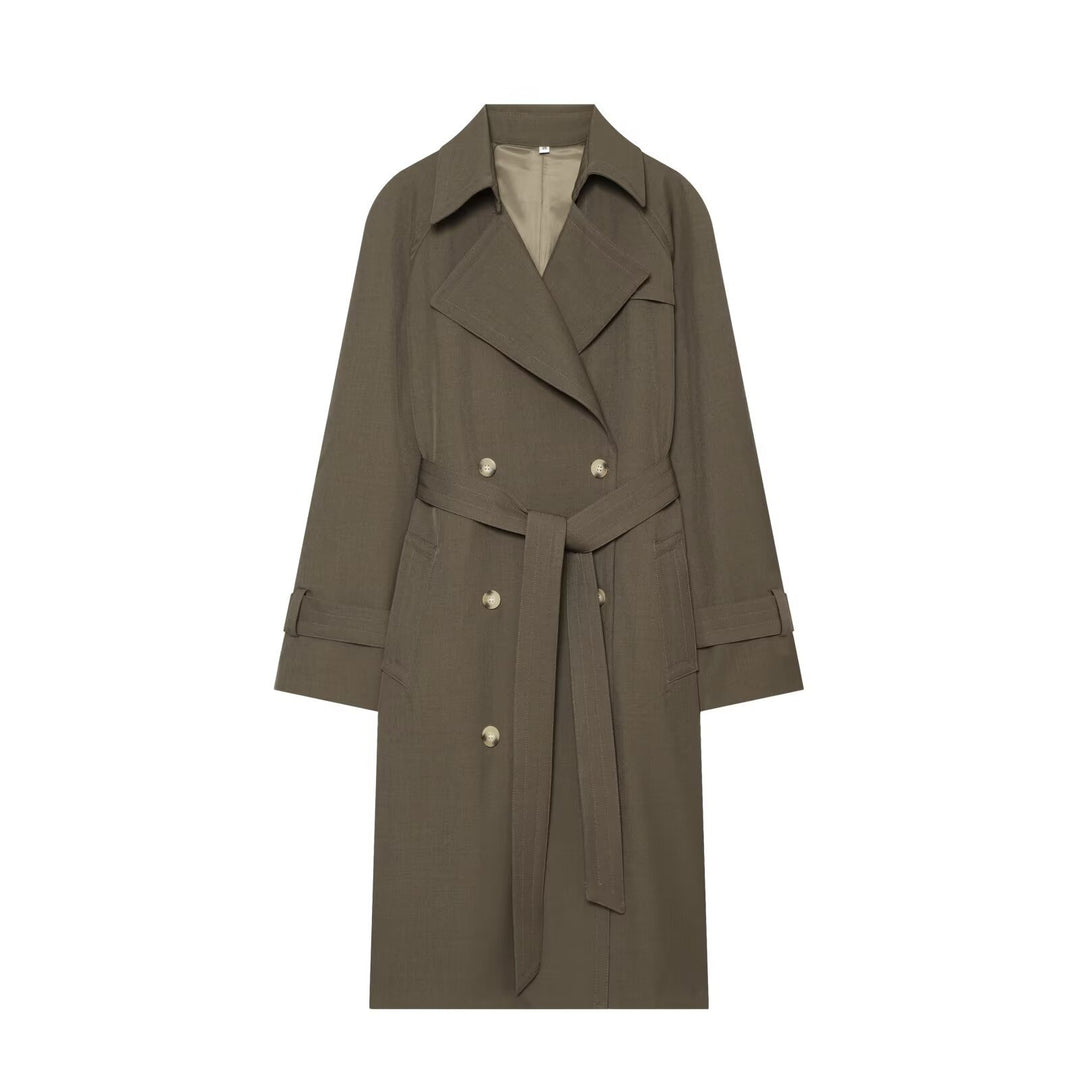 Damen Longline Doppelreihiger Trenchcoat mit Taillengürtel, Ziernähten und Umlegekragen Nord Taschen