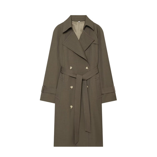 Damen Longline Doppelreihiger Trenchcoat mit Taillengürtel, Ziernähten und Umlegekragen Nord Taschen