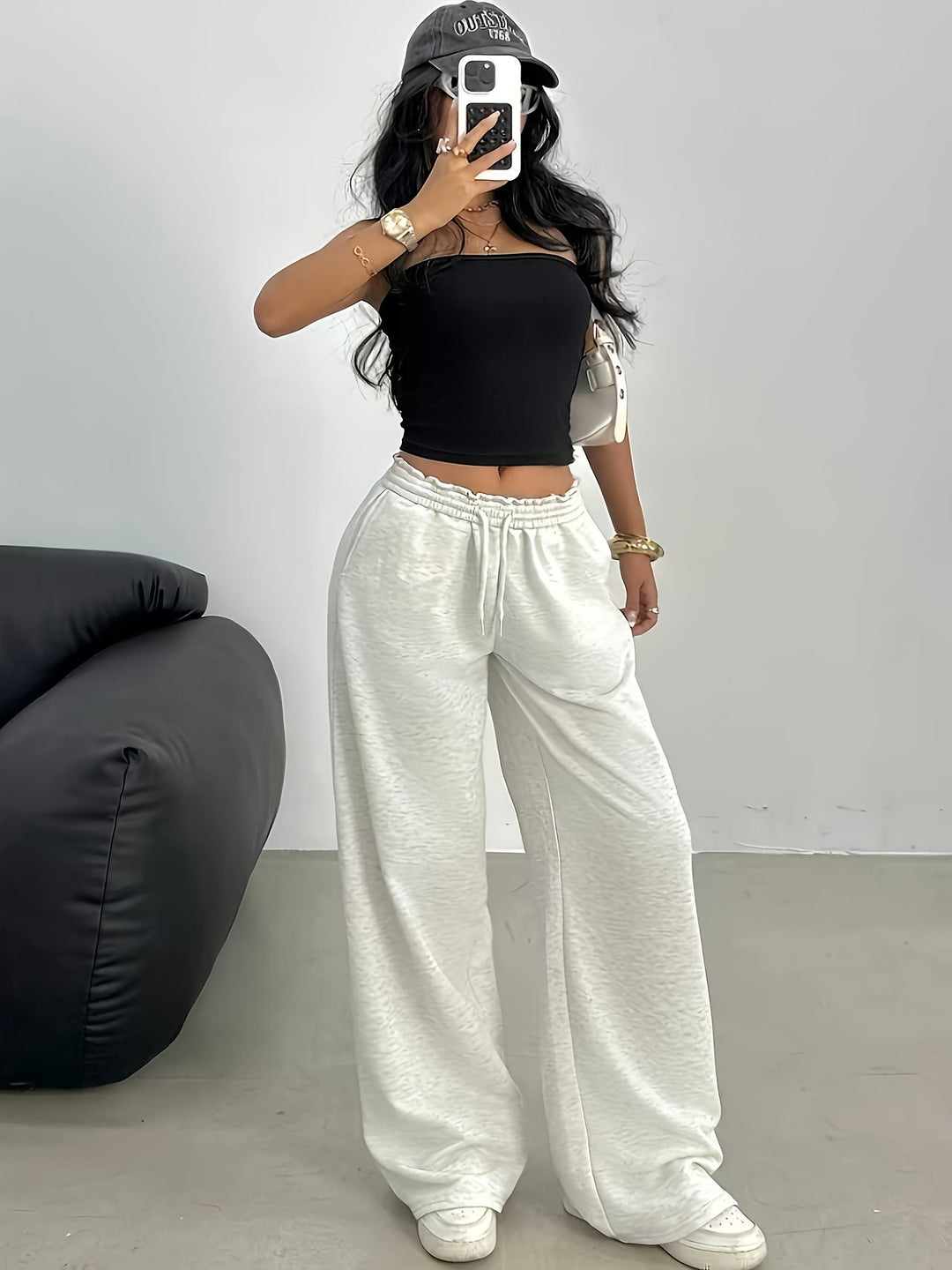 Damen Weite High-Waist Loungehose mit elastischem Bund und Kordelzug Nord Taschen