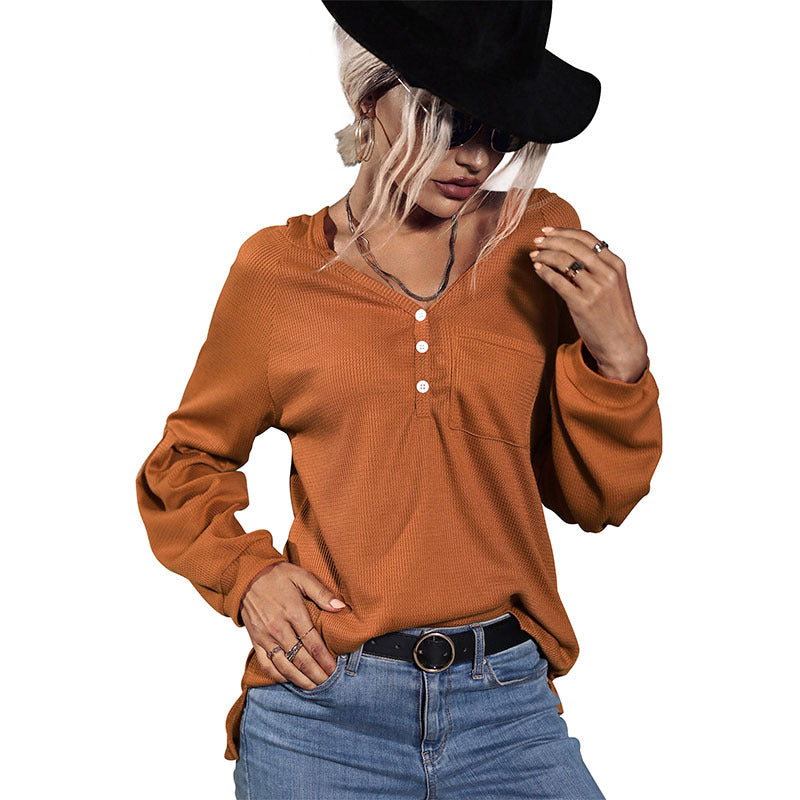 Damen Lässiges Langarmshirt mit Knopfleiste Nord Taschen