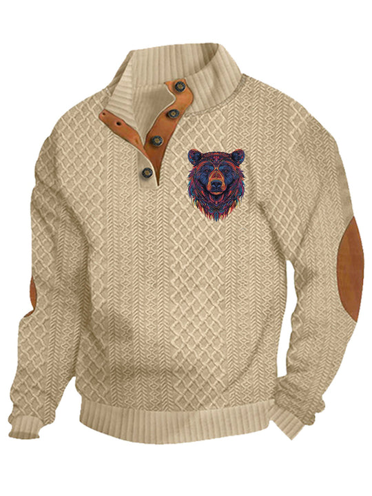 Herren nan Heritage-Strukturpullover mit Stehkragen Lederimitat-Besatz Ellenbogen-Patches und Halbknopfleiste