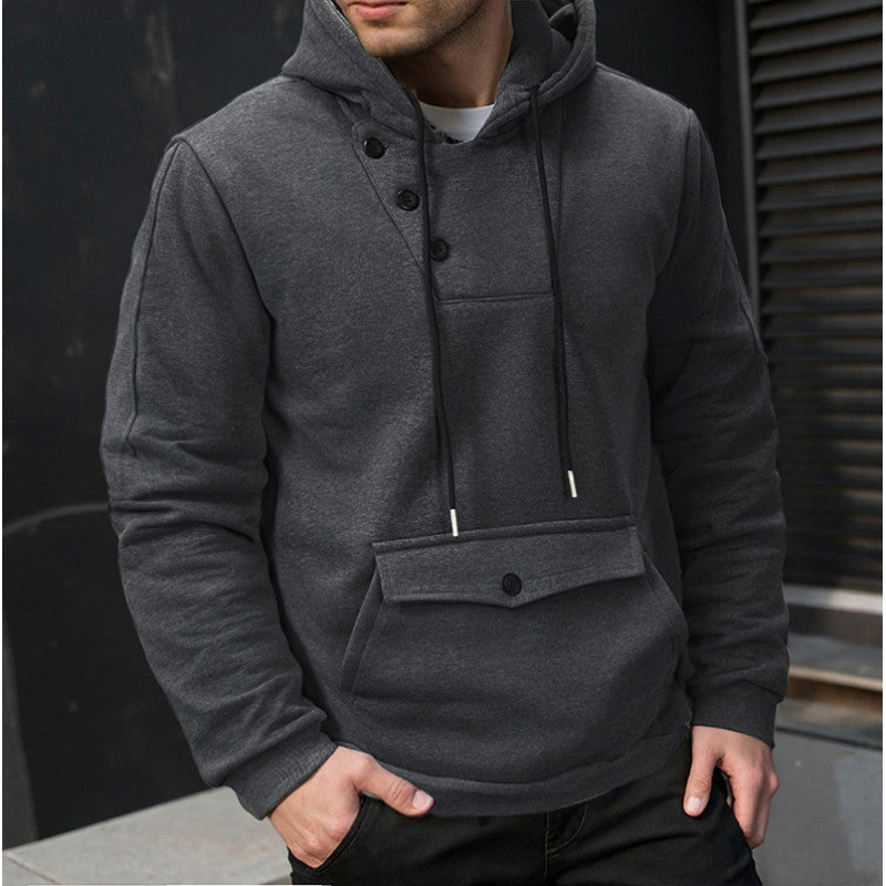 Herren Oversize Baumwoll-Fleece Kapuzenpullover mit asymmetrischer Knopfleiste und aufgesetzter Kängurutasche Nord Taschen