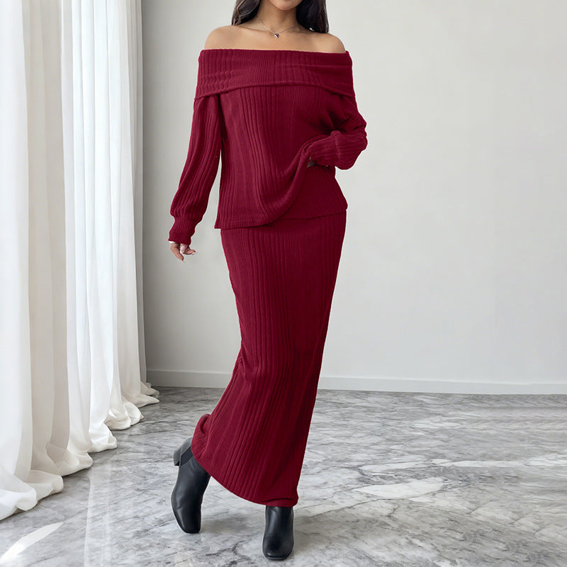 Damen Schulterfreies Rippstrick-Set mit Carmen-Ausschnitt und figurbetontem Maxi-Rock Nord Taschen