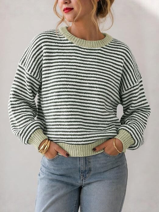 Damen Gestreifter Rippstrick-Pullover mit Kontrast-Bündchen Nord Taschen