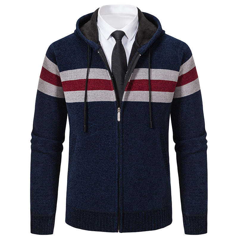 Herren Gestrickte Kapuzen-Strickjacke mit Kontraststreifen und Reißverschluss Nord Taschen