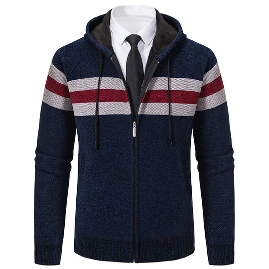 Herren Gestrickte Kapuzen-Strickjacke mit Kontraststreifen und Reißverschluss Nord Taschen