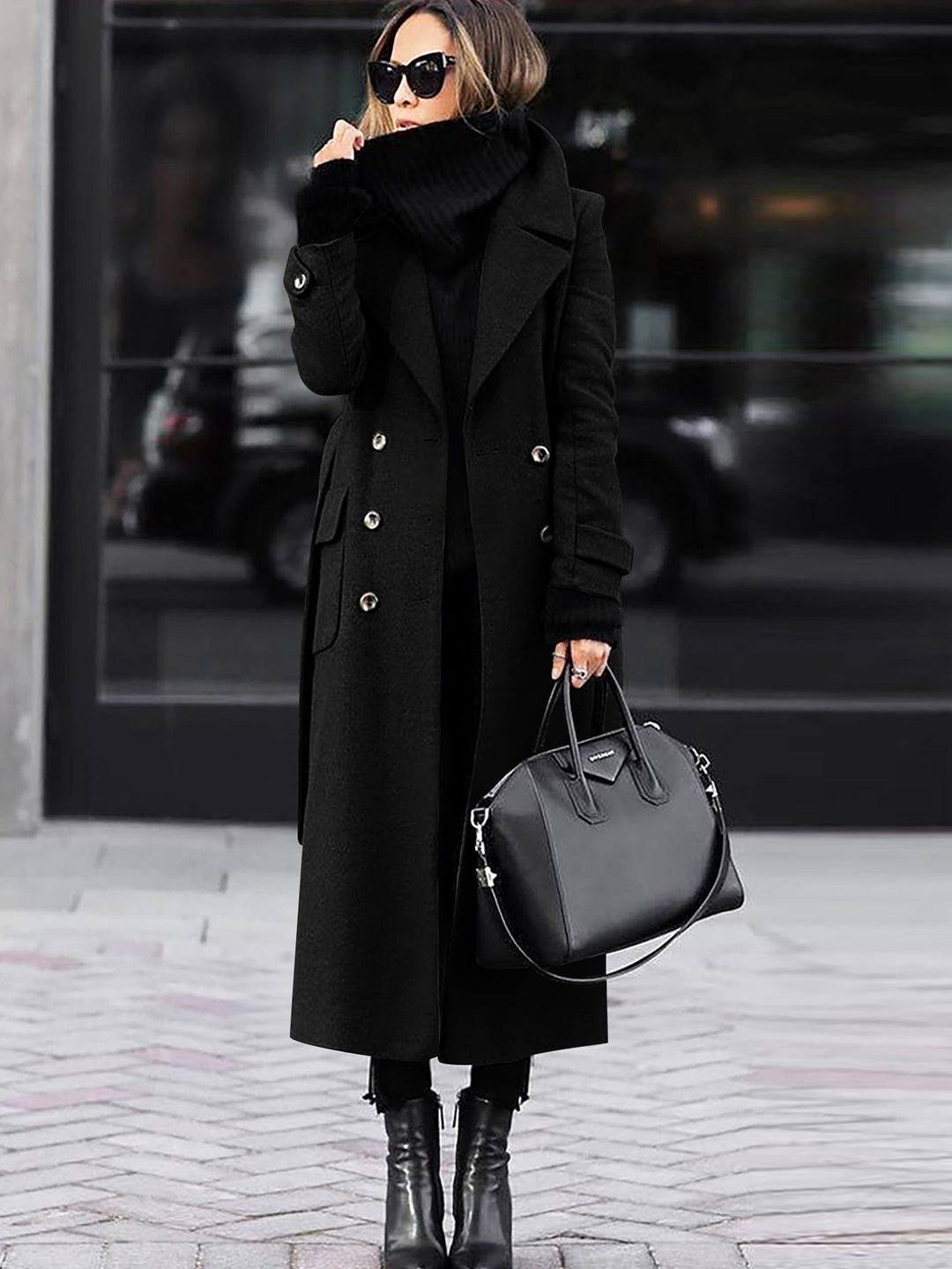 Damen Doppelreihiger Wollmix-Maximantel mit breitem Revers und Pattentaschen Nord Taschen