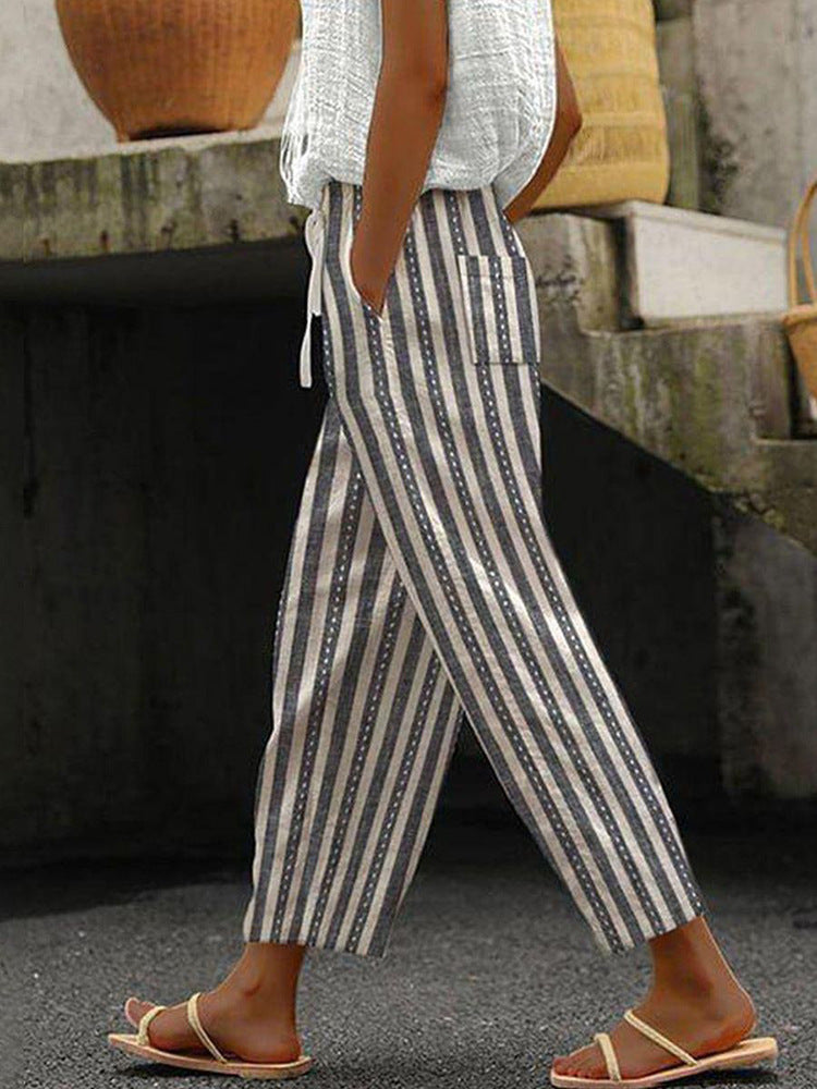 Damen Weite Leinenhose mit handgewNord Taschentem Muster