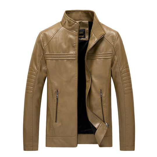 Herren Slim-Fit Kunstleder-Motojacke mit Stehkragen und gesteppter Ärmelpasse Nord Taschen