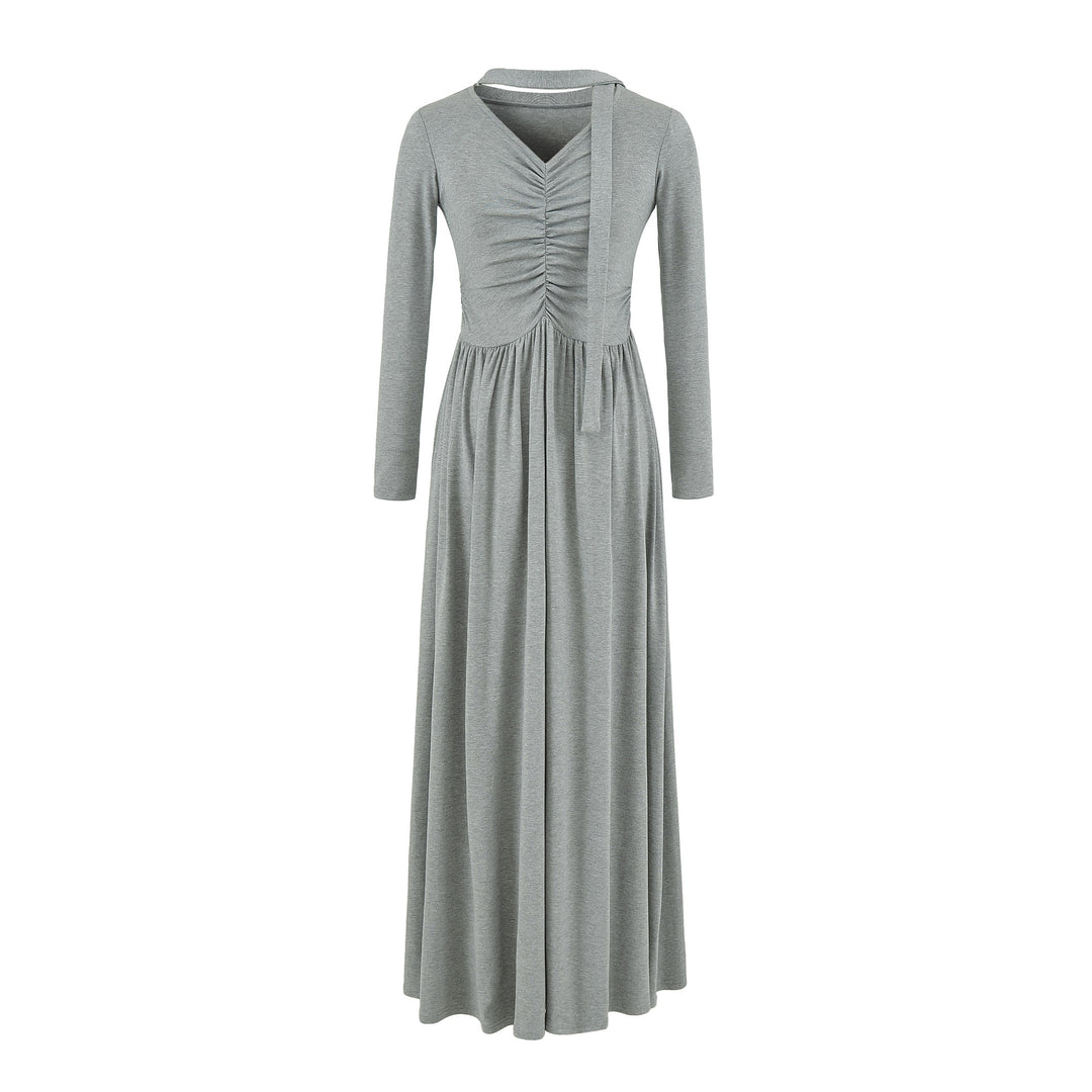 Damen Langes Jersey-Maxikleid mit Raffung, V-Ausschnitt und Bindeschal Nord Taschen
