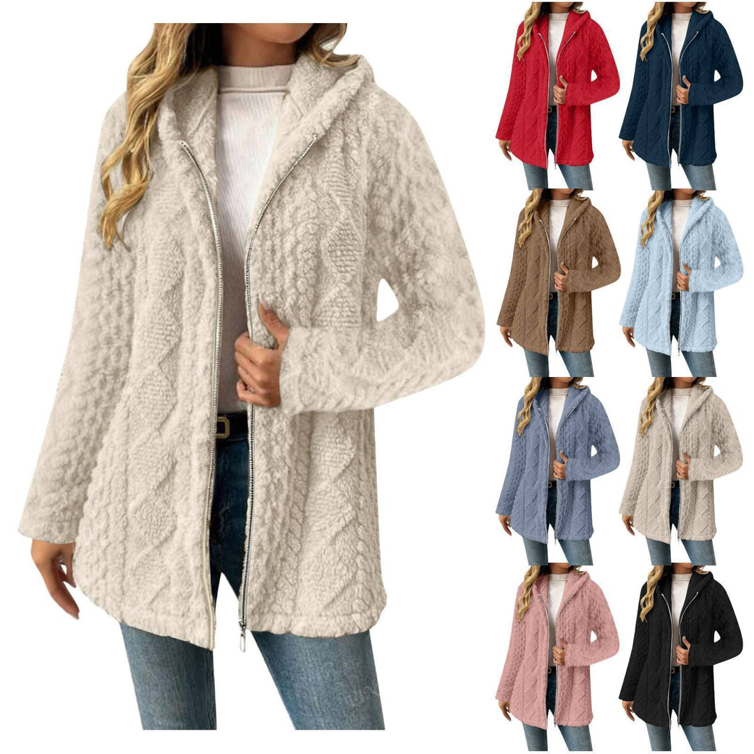 Damen Kapuzen-Sherpajacke mit Zopfmuster, mittellang und Zwei-Wege-Reißverschluss Nord Taschen